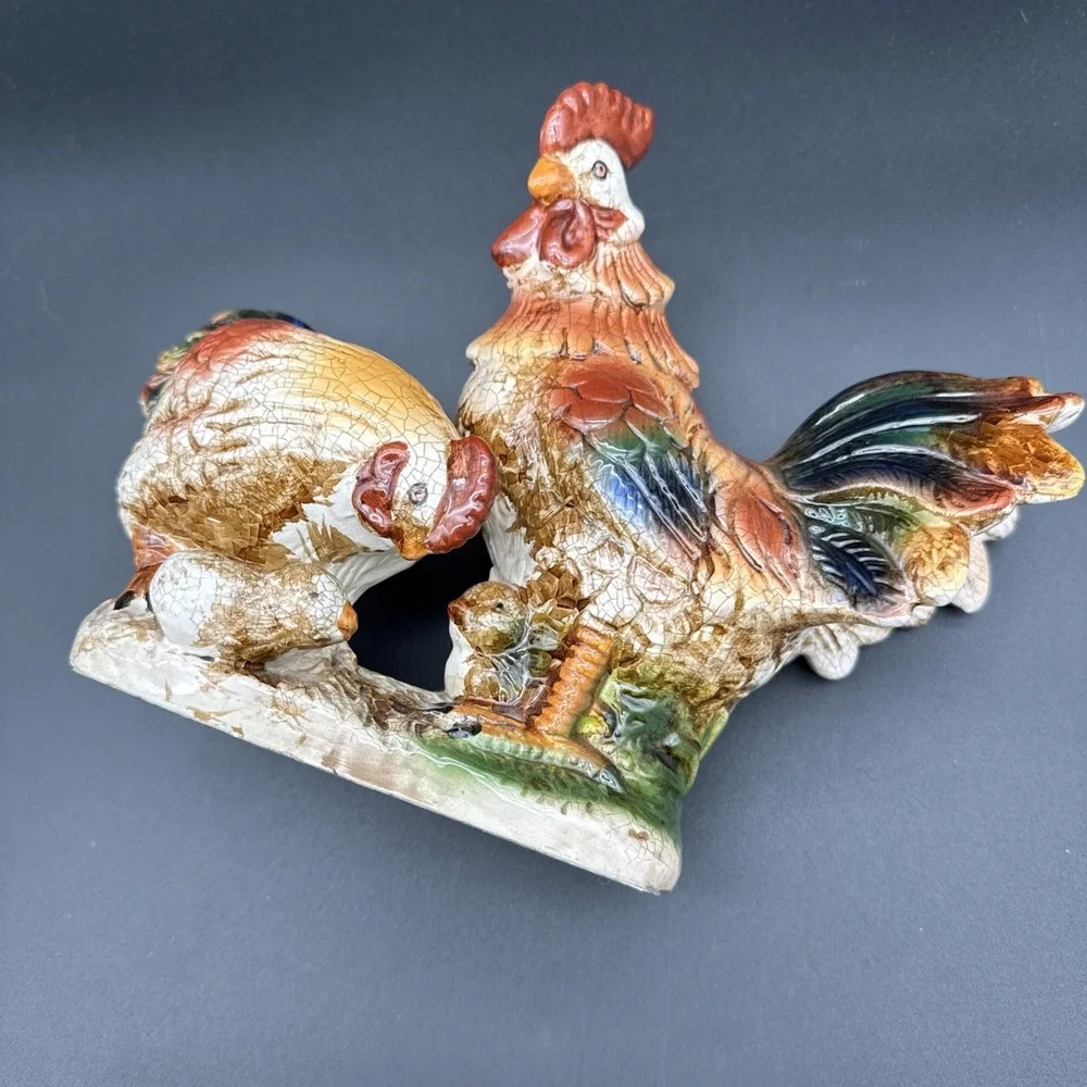 Rooster‎ Hen Baby Chick Figurine - Crackle Effect Colorful Vintage